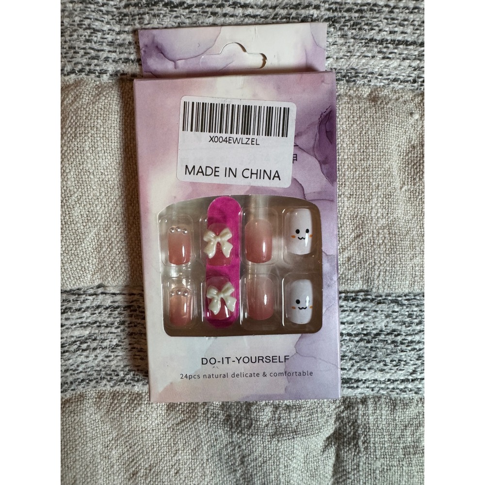 24pc Press On Nails Pink Ombre 3D Bow Pearl Kawaii Character DIY Manicure Set